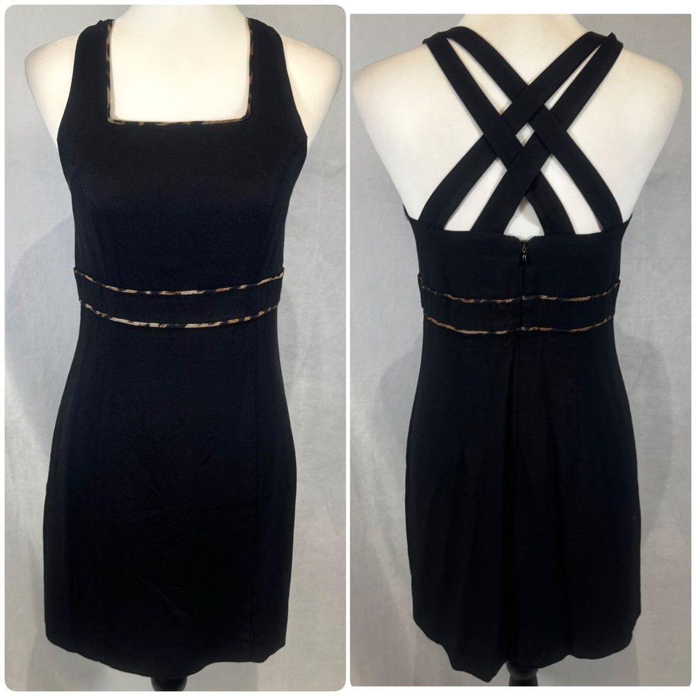 Vintage CDC black criss cross back sheath dress with animal print piping size 8P